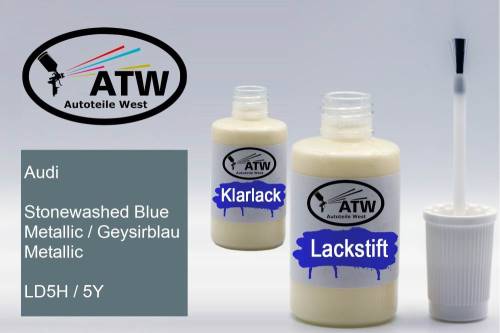 Audi, Stonewashed Blue Metallic / Geysirblau Metallic, LD5H / 5Y: 20ml Lackstift + 20ml Klarlack - Set, von ATW Autoteile West.